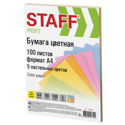 Бумага цветная STAFF "Profit", А4, 5 цветов по 20 листов, STAFF - 200 руб. в alfabook